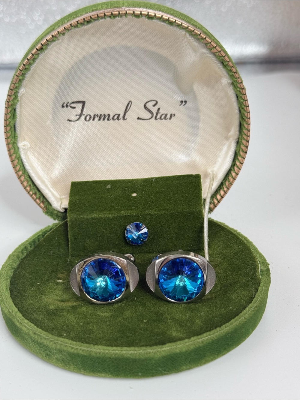 Formal star rivoli crystal multi-faceted Bermuda blue cuff links & tie pin